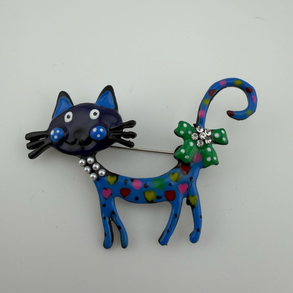 Blue Enamel Cat Brooch Heart Polka Dot Rhinestone Pin